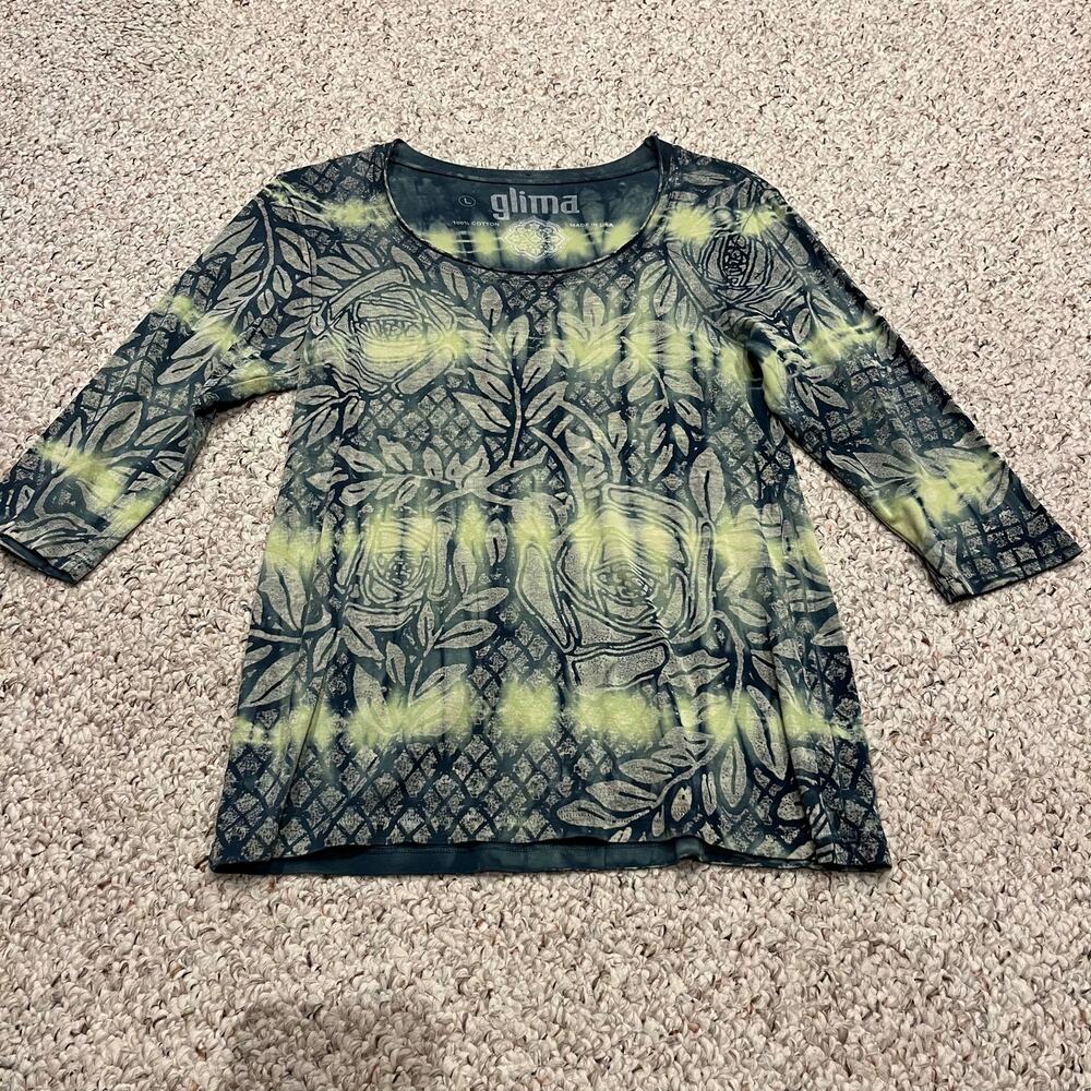 Glima Tie Dye Rose Floral Pattern Tee L 3/4 Sleeve Fairy Grunge Retro Y2K